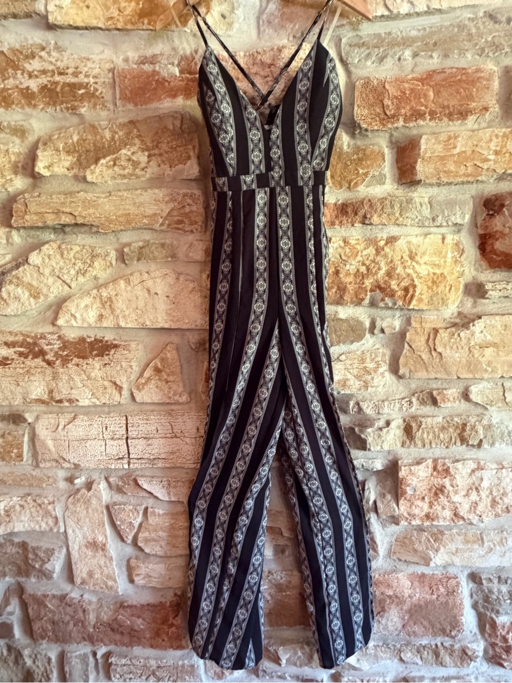 Black & White Striped V‑Neck Spaghetti‑Strap Jumpsuit